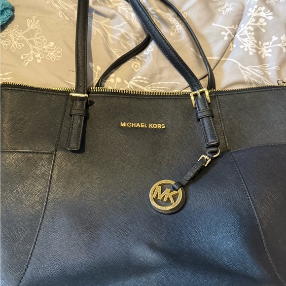 Michael Kors Handbags - Michael Kors Black Saffiano Leather Logo Tote with Gold Hardware